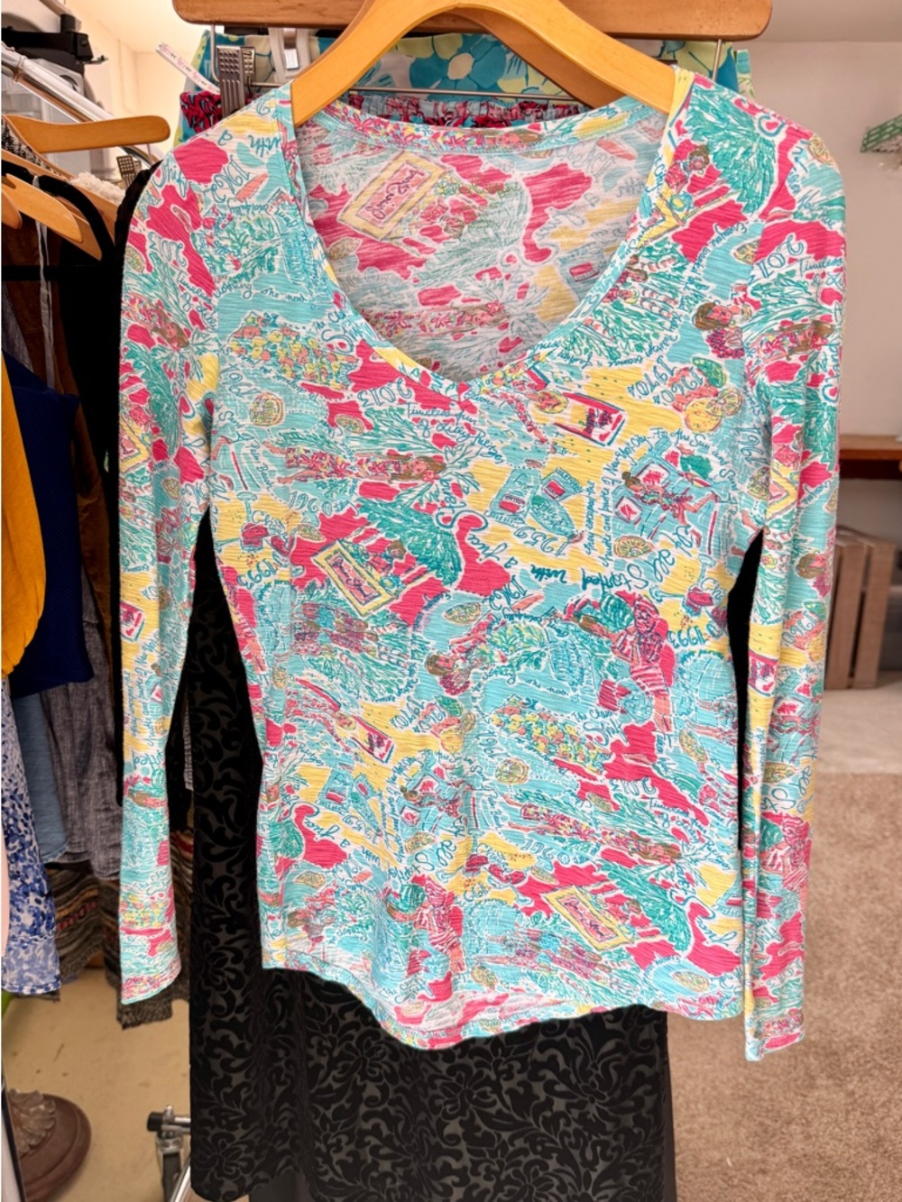 Lilly Pulitzer Long Sleeve V-Neck Top in Aqua, Pink & Yellow Print